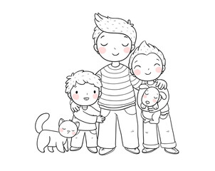 Dad and sons. Three brothers. Three friends and their pets a cat and a dog.Monochrome versions. - 618315125