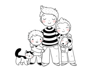 Dad and sons. Three brothers. Three friends and their pets a cat and a dog.Monochrome versions. - 618315161