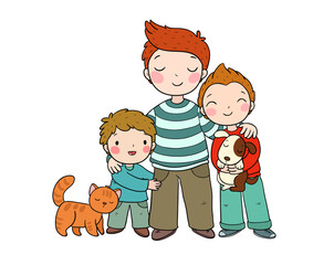 Dad and sons. Three brothers. Three friends and their pets a cat and a dog. - 618315170