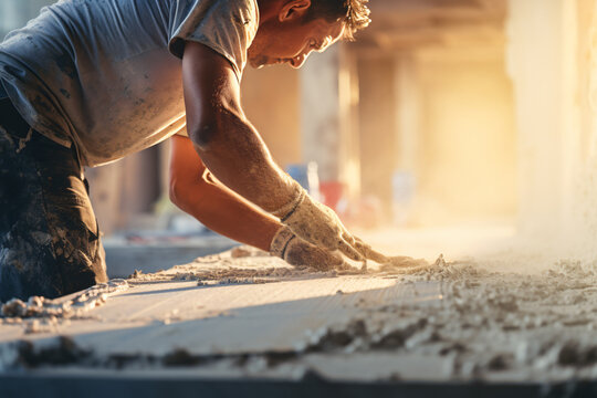 hand of worker plastering cement at a wall for housebuilding