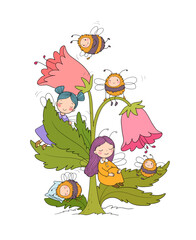 Cute cartoon fairies and bumblebees. Little flower girls with wings. Forest gnomes. Bell flower. - 618315341