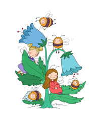 Cute cartoon fairies and bumblebees. Little flower girls with wings. Forest gnomes. Bell flower. - 618315383
