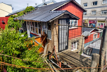 Ushuaia, Argentina - December 28, 2022: Rustic housing in Ushuaia, Argentina