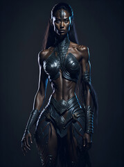 Fototapeta na wymiar fantasy amazon female Ranger pathfinder with tribal face paint wearing iron armor, generative AI
