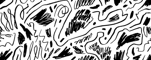 Charcoal pencil curly lines and squiggles seamless pattern. Scribble brush strokes ornament. Hand drawn marker scribbles. Black pencil sketches. Brush stroke lines, squiggles, daubs.