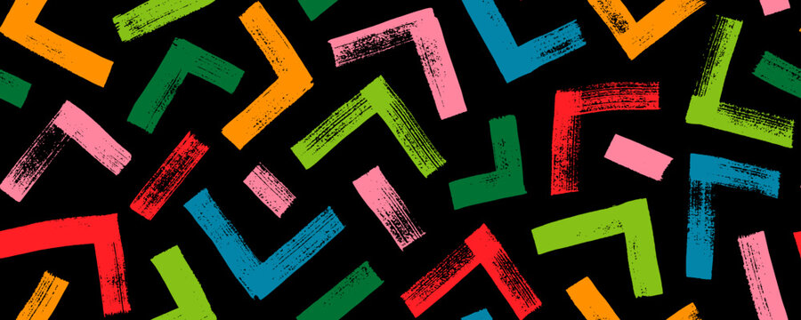 Multi colored triangle seamless pattern on black background. Hand drawn colorful geometric brush strokes. Thick vector lines with scuffs. Brush drawn bold triangle lines. Abstract grunge background.
