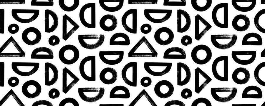 Geometric seamless pattern with circles, triangles and half circle. Abstract geometric background. Grunge style bold shapes.  Hand drawn graphic elements seamless pattern. Various basic figures.