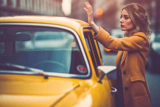 A woman is looking for or waiting for the driver of an empty taxi car. AI generated, human enhanced
