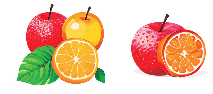 Vector yellow and red apples and orange with green leaves isolated on a white background. Fruit set.