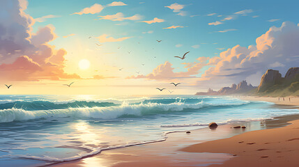 Fototapeta na wymiar Serene Water on the Beach on a Bright Sunny Summer Day at Sunset