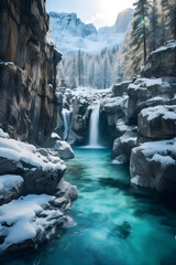 Rushing Waterfalls over Rocky Riverbed in Snowy Winter Forest and Mountains