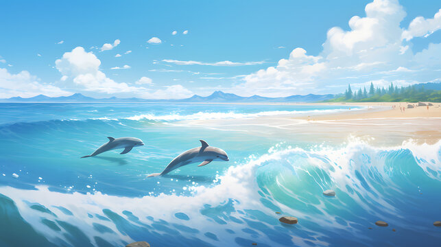 Dolphins in Serene Water on the Beach on a Bright Sunny Summer Day