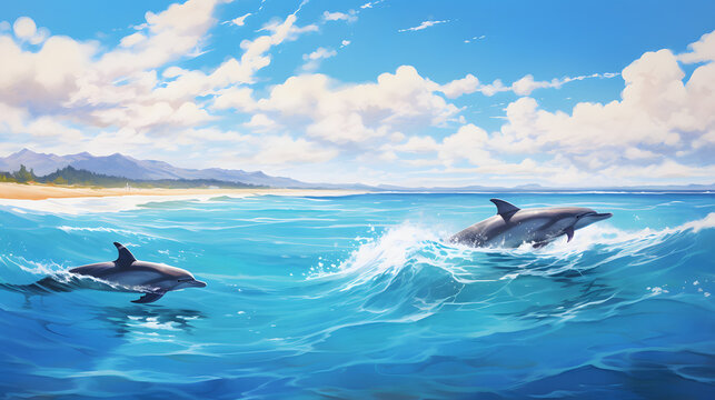 Dolphins in Serene Water on the Beach on a Bright Sunny Summer Day