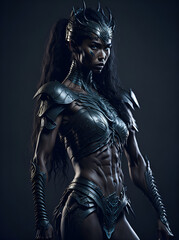 Fototapeta na wymiar fantasy amazon female Ranger pathfinder with tribal face paint wearing iron armor, generative AI