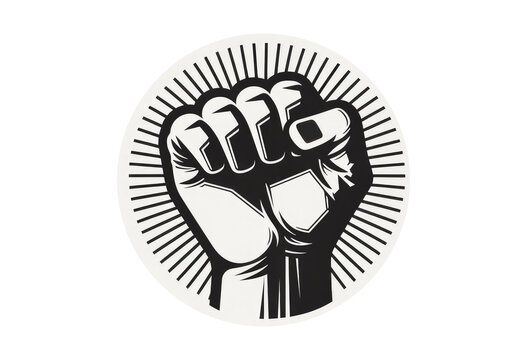 Clenched fist in black and white, symbolizing the power of the working people.