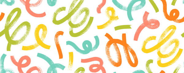 Multi colored wavy and swirled brush strokes vector seamless pattern. Bold curved lines with loops ornament. Colorful biological grunge squiggles. Abstract geometric waves in trendy retro 90s style.