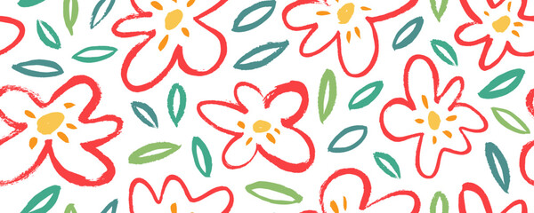 Abstract seamless pattern with cute meadow flowers, daisies and chamomiles. Multi colored brush drawn daisy flowers with naive leaves. Vector seamless banner with children style botanical elements.
