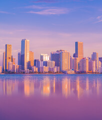 city skyline at sunset colors pink violet blue miami Florida  