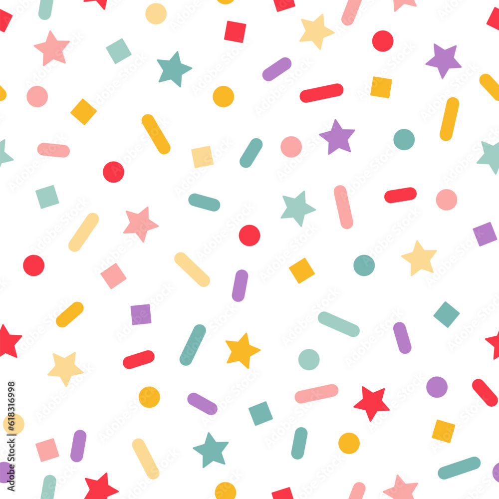 Poster vector seamless pattern with color sprinkles. colorful carnaval confetti texture. cake, ice cream an