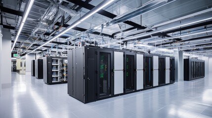 Depict a state of the art data center with rows of server racks, cooling systems, and redundant power supplies - obrazy, fototapety, plakaty
