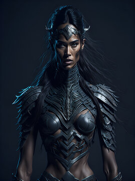 fantasy amazon female Ranger pathfinder with tribal face paint wearing iron armor, generative AI