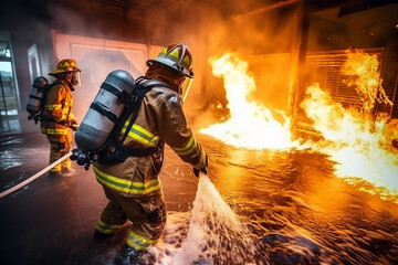 Fototapeta premium fireman using water and extinguisher to fighting