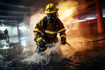 fireman using water and extinguisher to fighting