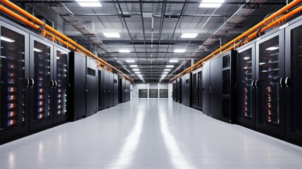 Obraz premium Depict a state of the art data center with rows of server racks, cooling systems, and redundant power supplies