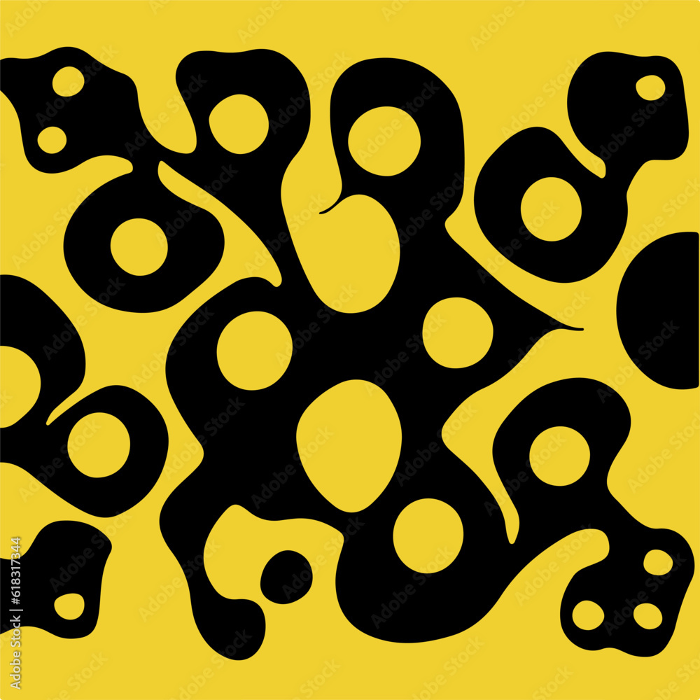 Poster Acid psychedelic black and yellow print with abstract melting blobs in retro hippie style.