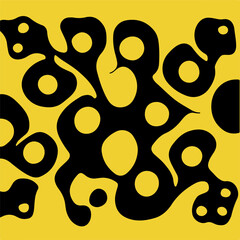 Acid psychedelic black and yellow print with abstract melting blobs in retro hippie style.