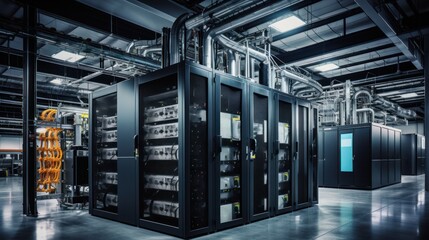 Depict a state of the art data center with rows of server racks, cooling systems, and redundant power supplies