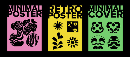 Fototapeta na wymiar Psychedelic retro posters with geometric shapes and ornaments. New Wave spiritual hippie style. 
