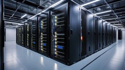 Depict a state of the art data center with rows of server racks, cooling systems, and redundant power supplies