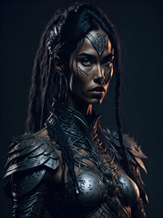 fantasy amazon female Ranger pathfinder with tribal face paint wearing iron armor, generative AI