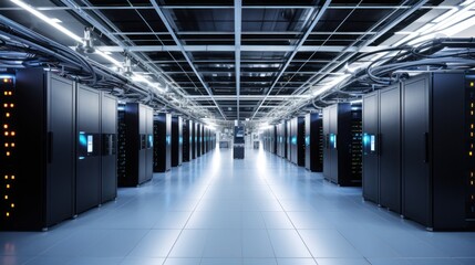 Obraz premium Depict a state of the art data center with rows of server racks, cooling systems, and redundant power supplies