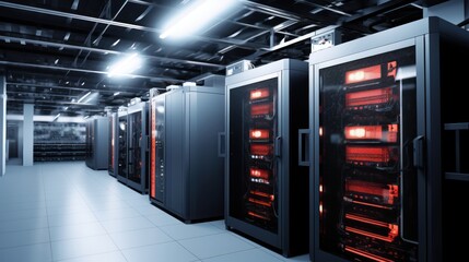 Depict a state of the art data center with rows of server racks, cooling systems, and redundant power supplies