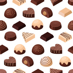 Isometric chocolate candy rows seamless pattern on white background.