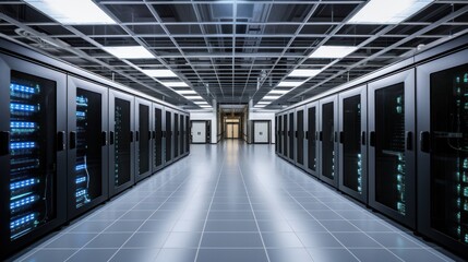 Obraz premium Depict a state of the art data center with rows of server racks, cooling systems, and redundant power supplies