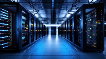 Depict a state of the art data center with rows of server racks, cooling systems, and redundant power supplies