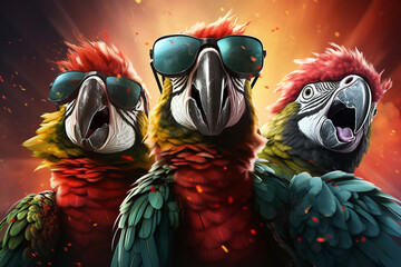 3 crazy funky fröhliche Papageien mit Sonnenbrillen und Konfetti in Partystimmung. Generative Ai