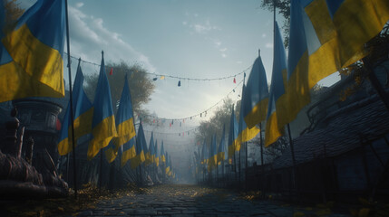 ukrainian flags waving, created with Generative AI 