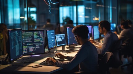 A scene showcasing a team of software developers coding, collaborating, and testing applications in a modern development environment - obrazy, fototapety, plakaty