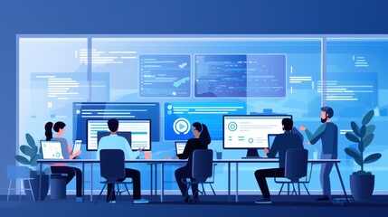 A scene showcasing a team of software developers coding, collaborating, and testing applications in a modern development environment