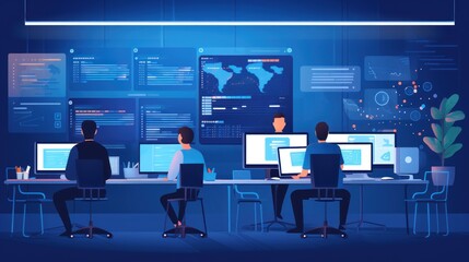 A scene showcasing a team of software developers coding, collaborating, and testing applications in a modern development environment