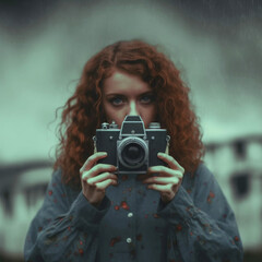 Girl taking a photo with camera, photography concept AI-Generated 