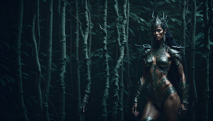fantasy amazon female Ranger pathfinder with tribal face paint wearing iron armor, generative AI