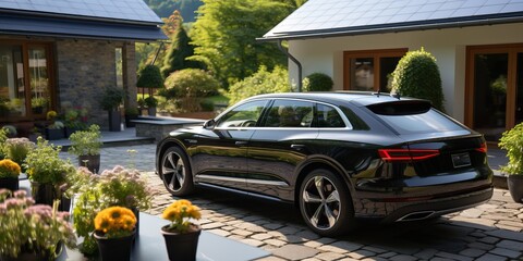 Luxury electric car in a solar powered home, generative ai