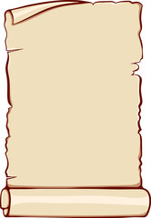 Vertical scroll unrolled old papyrus. Ancient scroll with copyspace. Vector illustrations in color cartoon style isolated on white. Design for print. Banner parchment with place for text