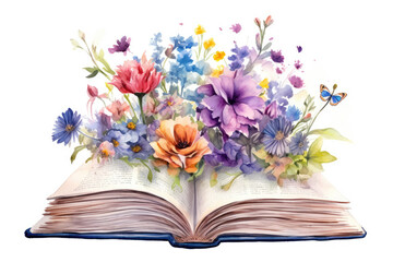 A book with flowers coming from its center isolated on a white background
