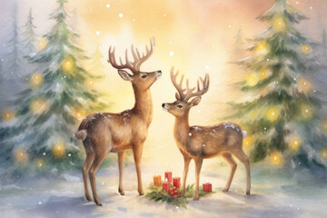 Two deer in a forest with a wreath of candles in the snow